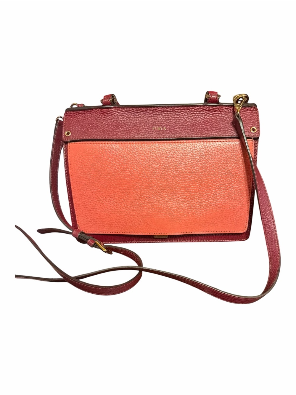 Furla Colorblock Leather Top Handle Satchel Crossbody Bag Red Coral